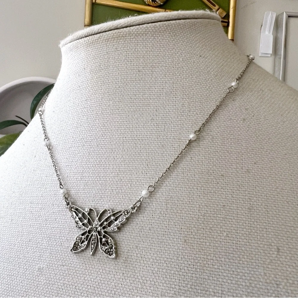 1928 Jewelry Butterfly Necklace Silver Tone with Marcasite & Faux Pearls 00s Y2K